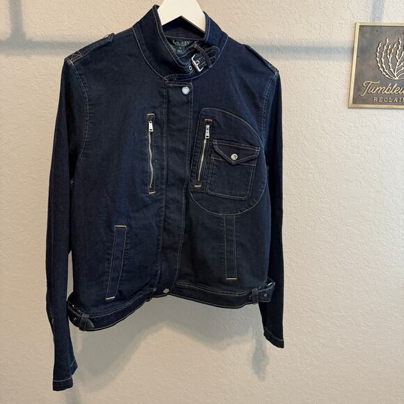 Lauren Ralph Lauren Denim Blue Jean Snap and Zip Motorcycle Jacket Size 16. NEW - Picture 9 of 10
